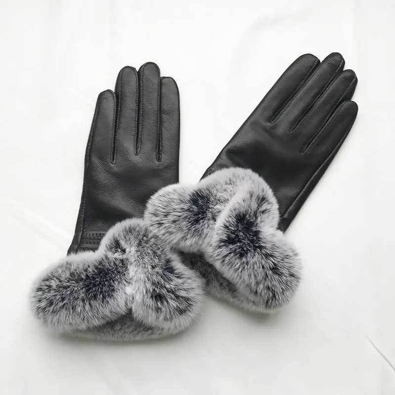 Women Winter Genuine Sheepskin leather Glove With Rex Rabbit Fur Cuff Warm Winter Female Genuine Leather Gloves Hand Warmer Y251211