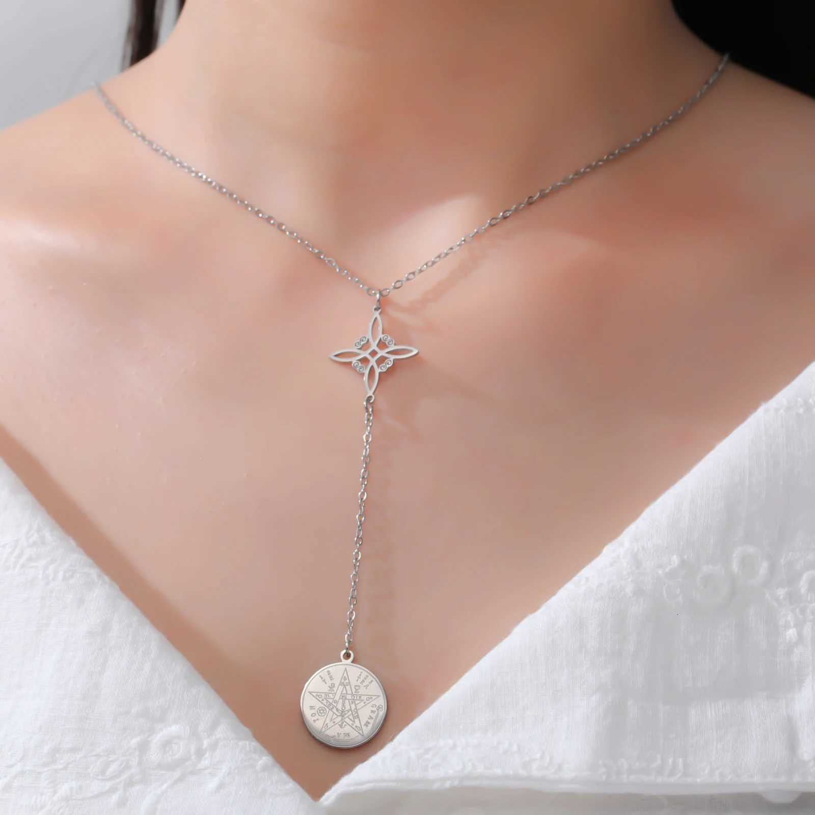 Skyrim Tetragrammaton Witch Knot Pendant Necklace Double Amulet Protection Stainless Steel Necklaces Pentagram Jewelry Gift M251211