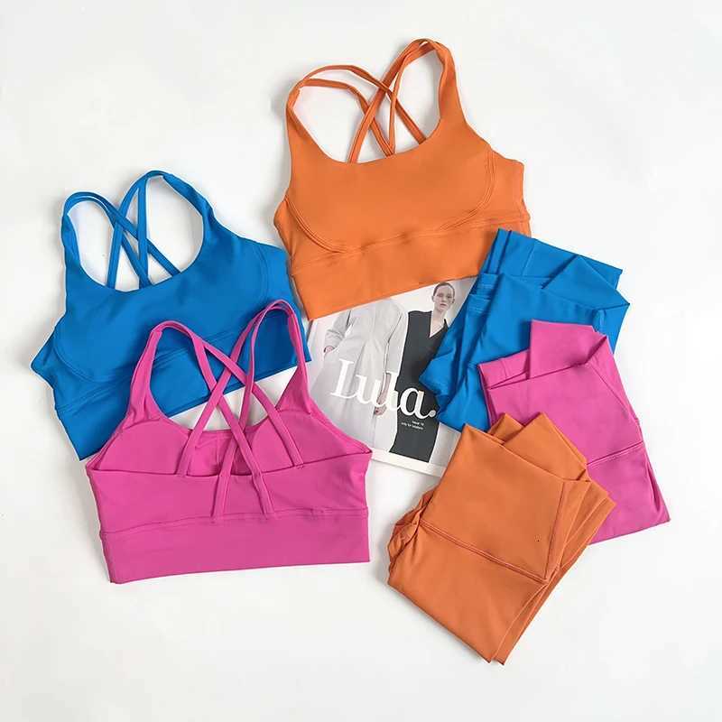2 Pieces Yoga Set Women Gym Set Workout Clothes Sports Suits High Waist Leggings Cross Straps Fitness Bra Running TracksuitT251211