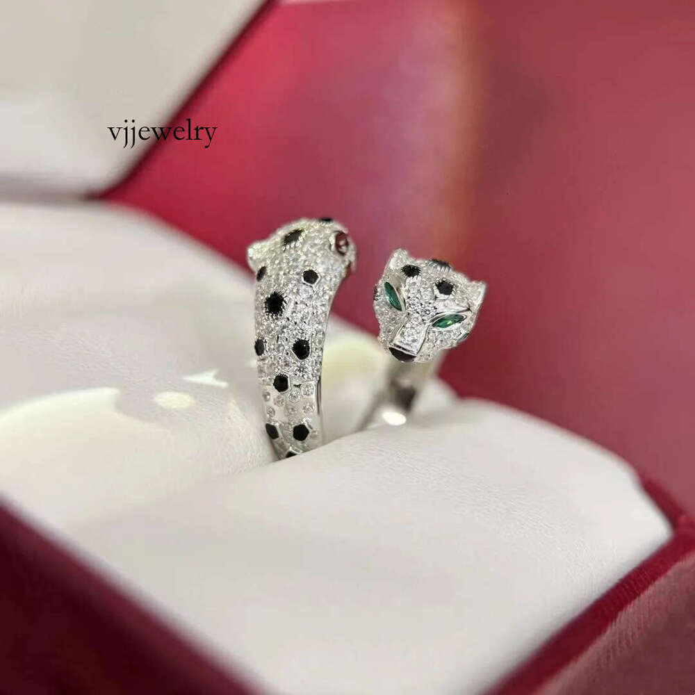 Designer Classic Double Leopard Head Paved Cubic Zirconia Stone Animal Jewelry For Women Men Green Eyes Panther S925 Sterling Silver Crystal Panthere Ring