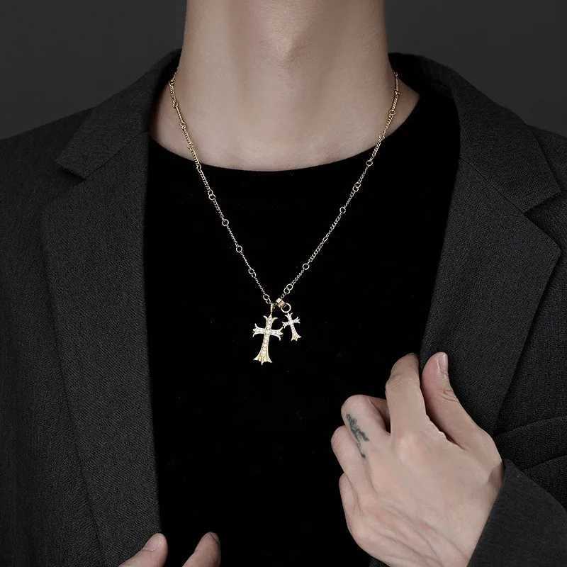 Hip Hop Cross Necklace for Men BoysStainless Steel AAA CZ Stone Double Cross PendantBirthday Anniversary Party Gift M251211