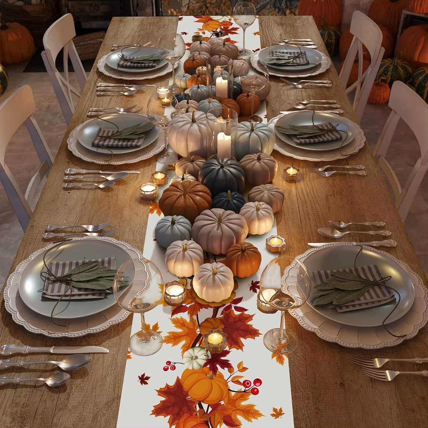 Fall Thanksgiving Pumpkins Linen Table Runner for Table Decoration Autumn Harvest Maple LeavesTable Cloth Christmas Decor Table H251211
