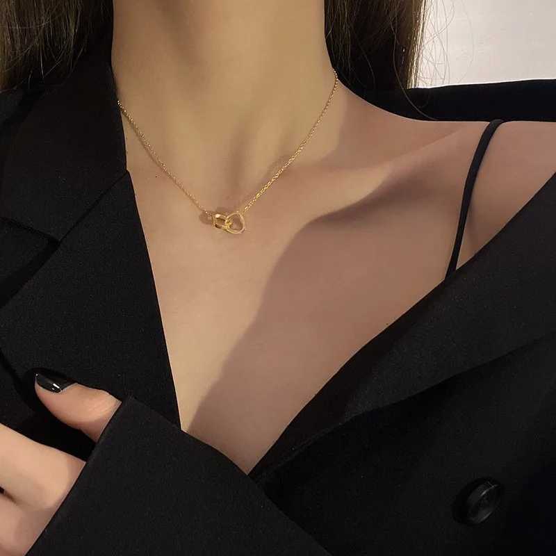 Simple Double Heart Pendant Necklace for Women Couple Stainless Steel Choker Gold Color Chain Wedding Party Friends Jewelry Gift M251211