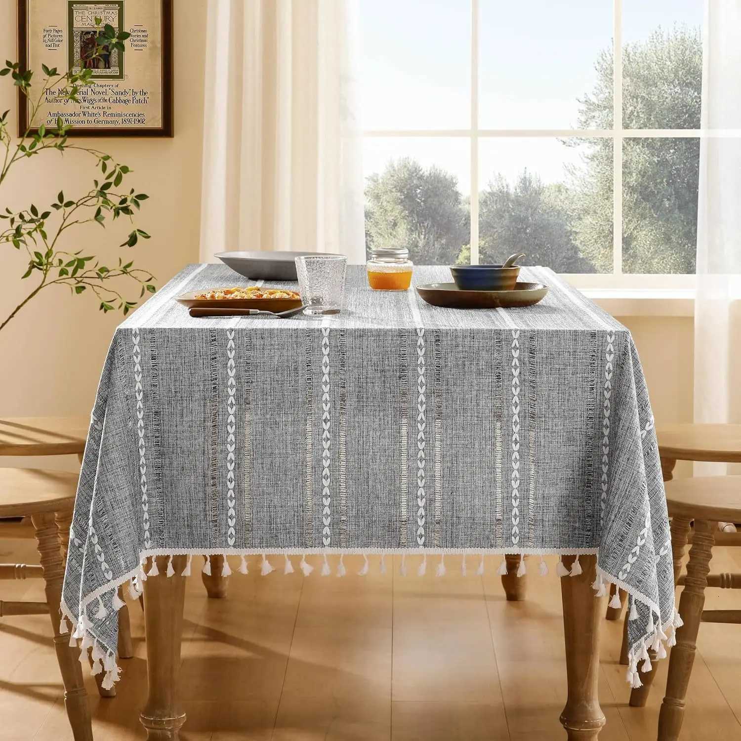 Tablecloth Cotton Linen Stripe Resistant Dust-Proof Soft Table Cover for Kitchen Dinning Wedding Tabletop Decoration Rectangular H251211
