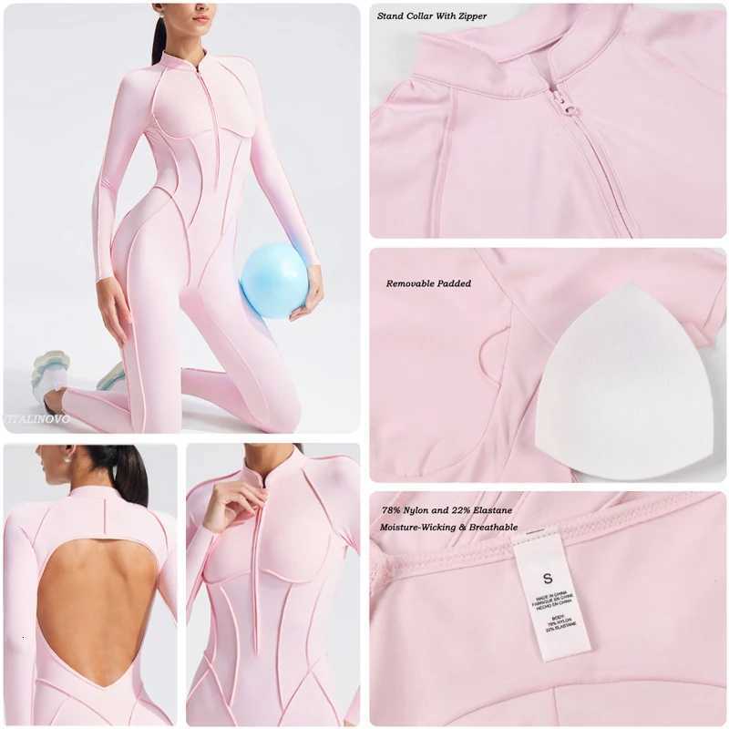 VITALINOVO Women Long Sleeve Workout Jumpsuit Zip Up Romper Bottom Pants Built-in Bra Bodysuit Bodycon Sexy One Piece ColorblockT251211