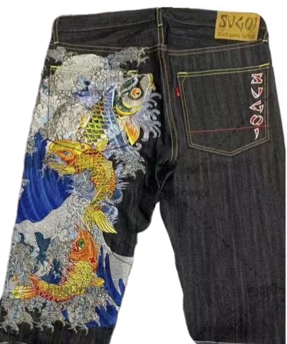 Men's Jeans Karakuri Printed Ukiyo-e Carp and Cherry Blossom Classic Fashion Trousers Men Women Casual Denim Pants Sakura Straight-leg pants