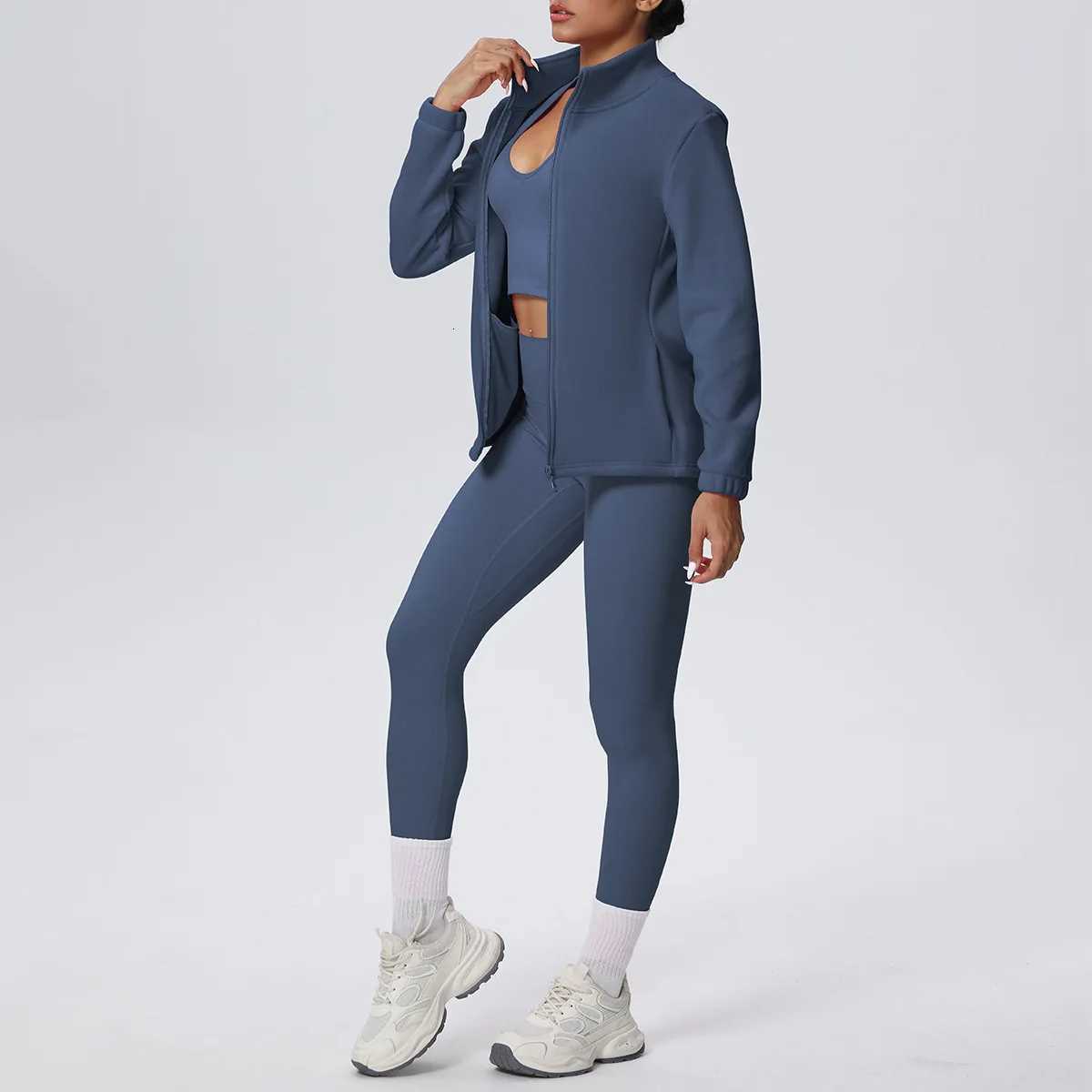 2Pieces Sports Fitness Clothing Solid Color Yoga Set High Neck Keep Warm Velvet Yoga Zipper Jacket Legging Push Up Yoga PantsT251211