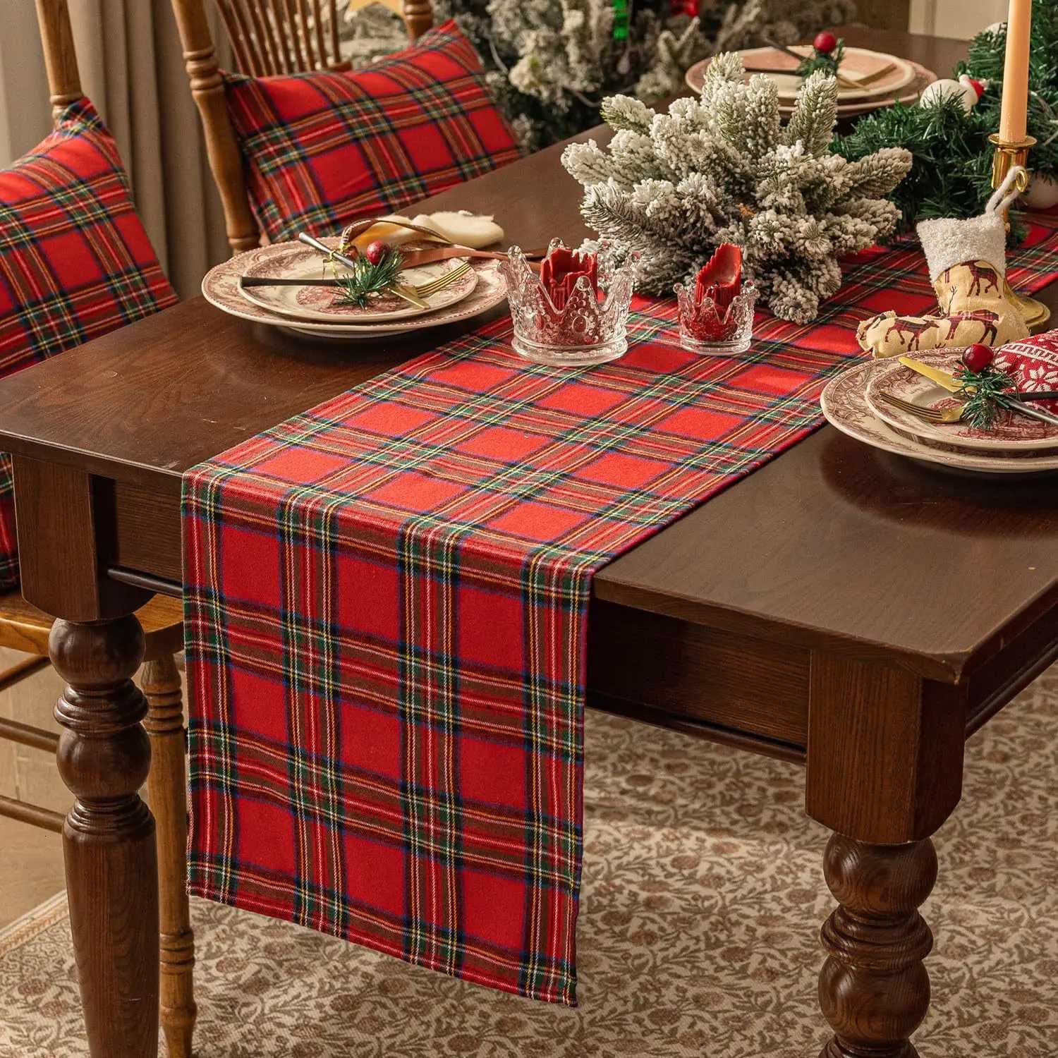 Green Plaid Christmas Table Runner decorative American retro fleece long table cloth/table mat for dining table H251211