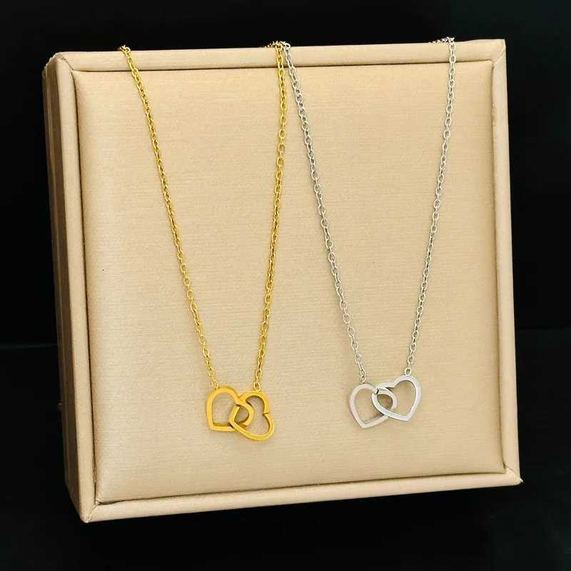Simple Double Heart Pendant Necklace for Women Couple Stainless Steel Choker Gold Color Chain Wedding Party Friends Jewelry Gift M251211
