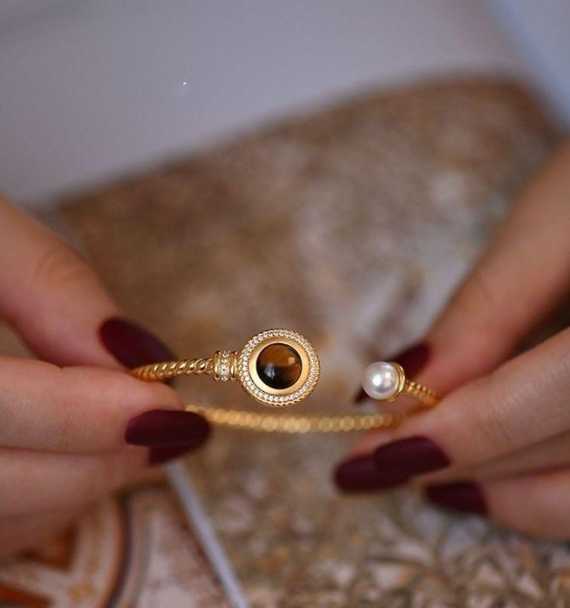 24K Real Gold Plated Tiger Eye Stone Pearl Geometric Open Vintage Fashion Bracelet Light Luxury High-end Jewelry