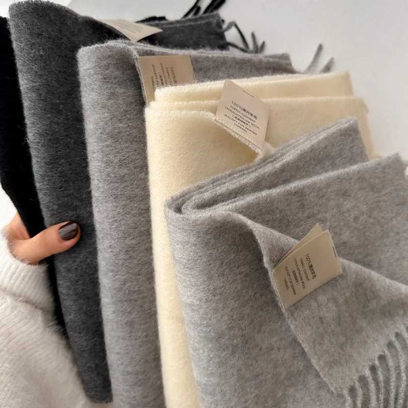 Winter White Pure Wool Scarf Women Warm Neck Wrap Student Fashion Fringe Narrow Couple Y251211
