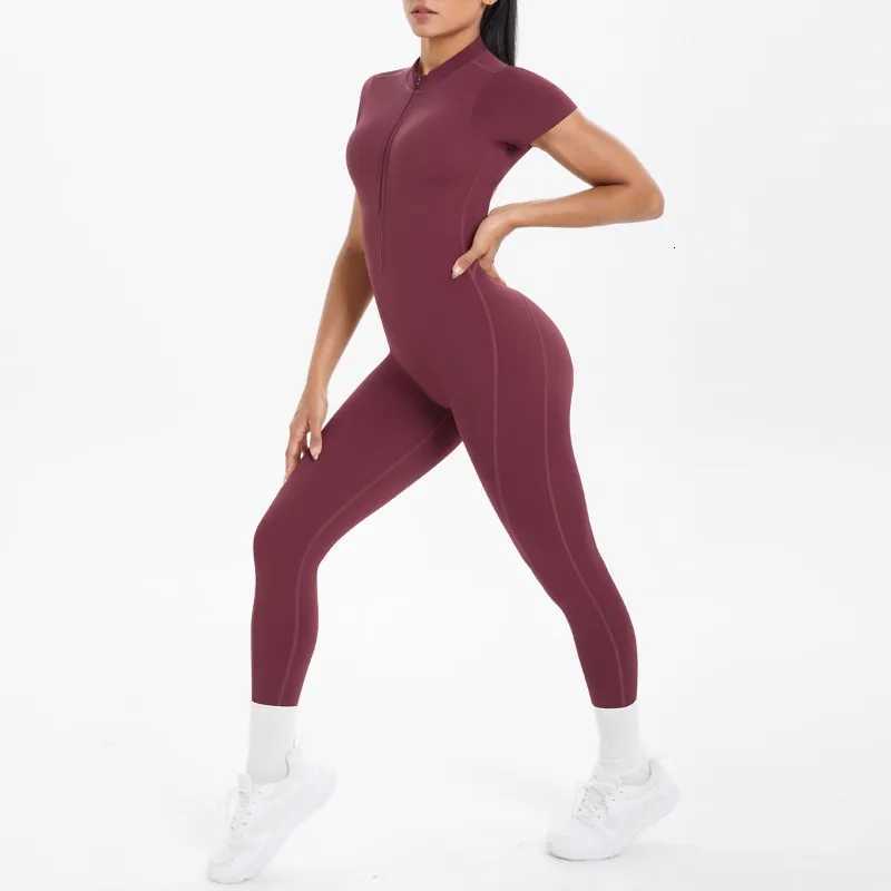 New Womens Yoga Jumpsuit Front Zipper Tight Back Hollow Out Short Sleeve-pants Fitness Running Gym Workout SuitT251211