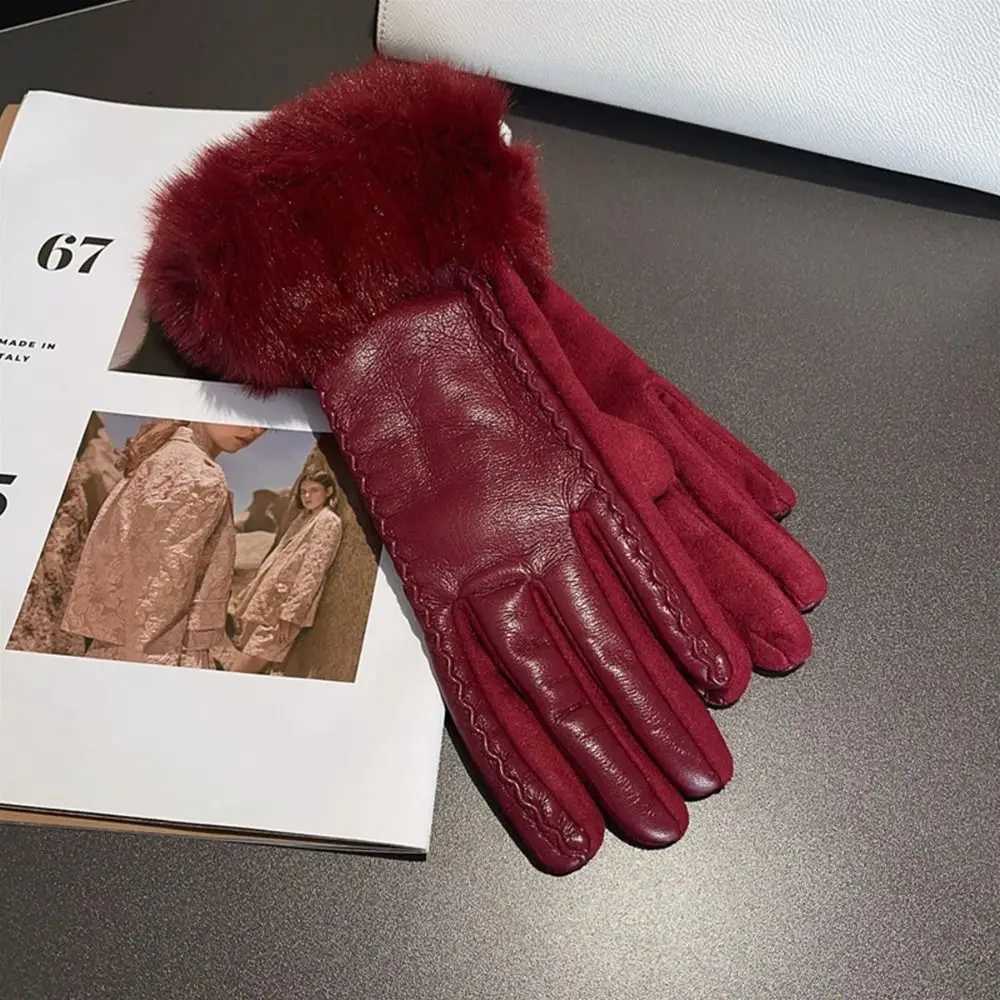 Fashion PU Leather Womens Gloves for Cold Weather Cuff Thermal Lining Winter Warm Gloves with Faux Fur Trim Gift Party Gloves Y251211