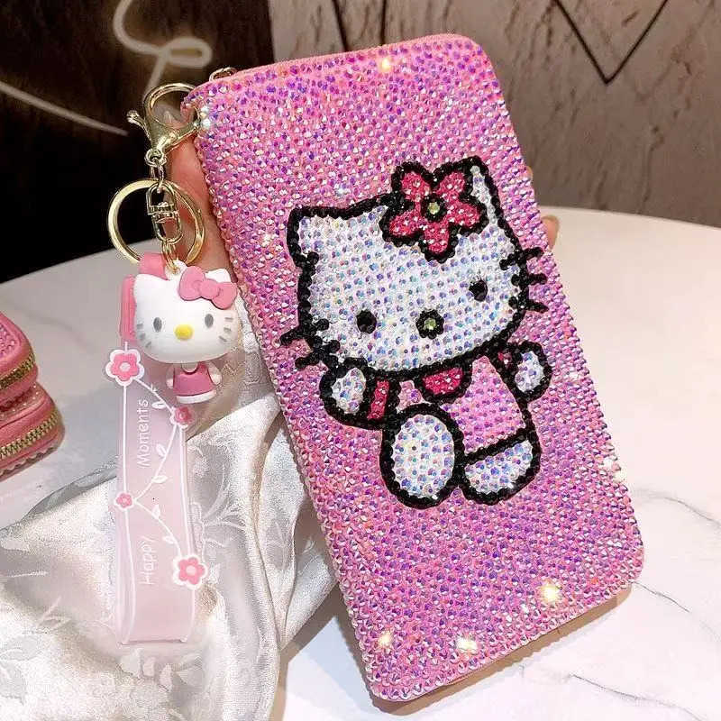 Sanrio Kawaii Hello Kitty Wallet Rhinestone Card Bag Anime Cartoon Heart Long Zipper Coin Wallet Student Mobile Bags Women Gifts H251211