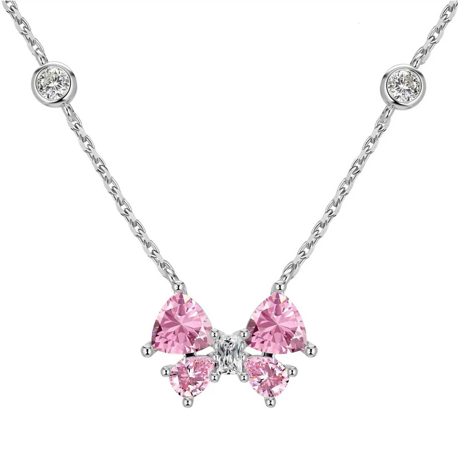 925 Sterling Silver Sweet and Versatile Pink Bow Shape Zircon Necklace Anniversary Birthday Wedding Party Gift M251211