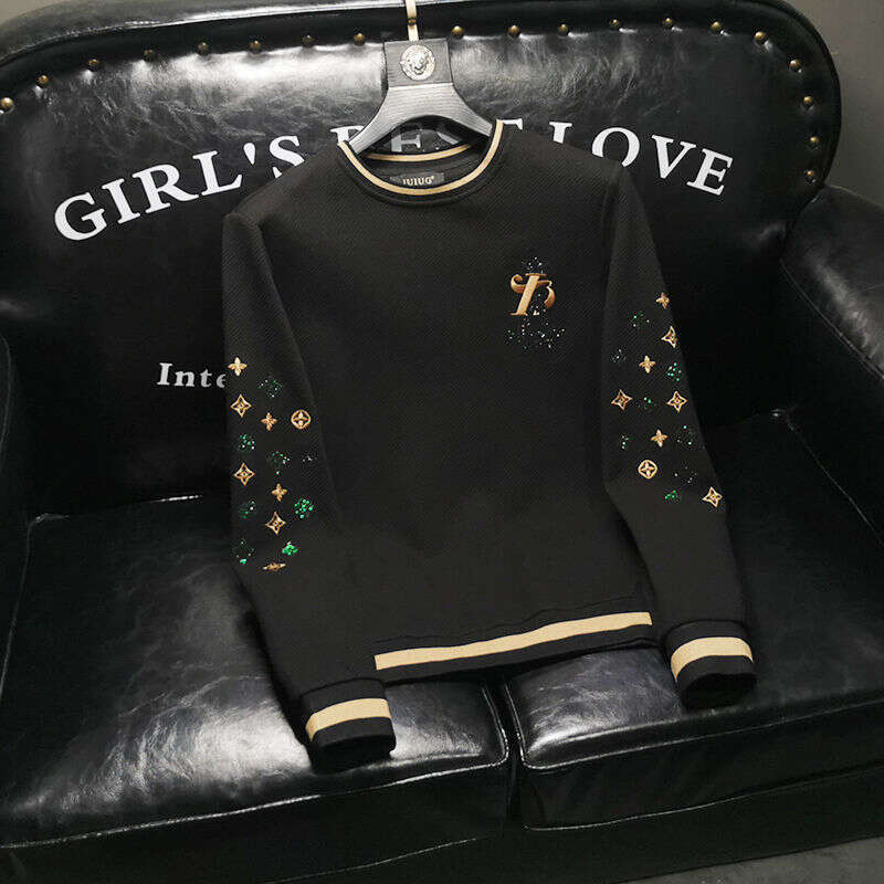 High-End Men's Sweatshirt With Letter Embroidery Rhinestones, Fashionable Long-Sleeve T-Shirt, Spring And Autumn Versatile Base Shirt, Youth Top