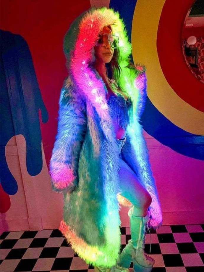 Christmas Color Block Sequin Dress with Collar Carnival Party Festival Performance Costume Fur Coat
