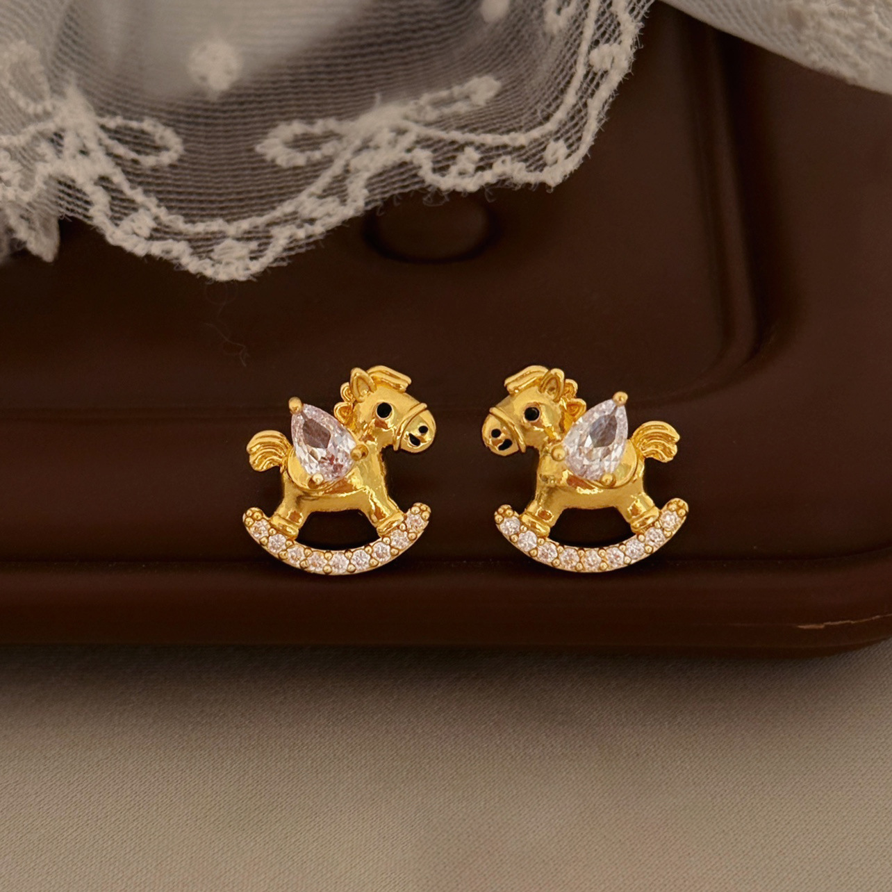 Real Gold Plated Silver Needle Zircon Pony New Chinese Style Niche Zodiac Year Light Luxury High-end Earrings for Women