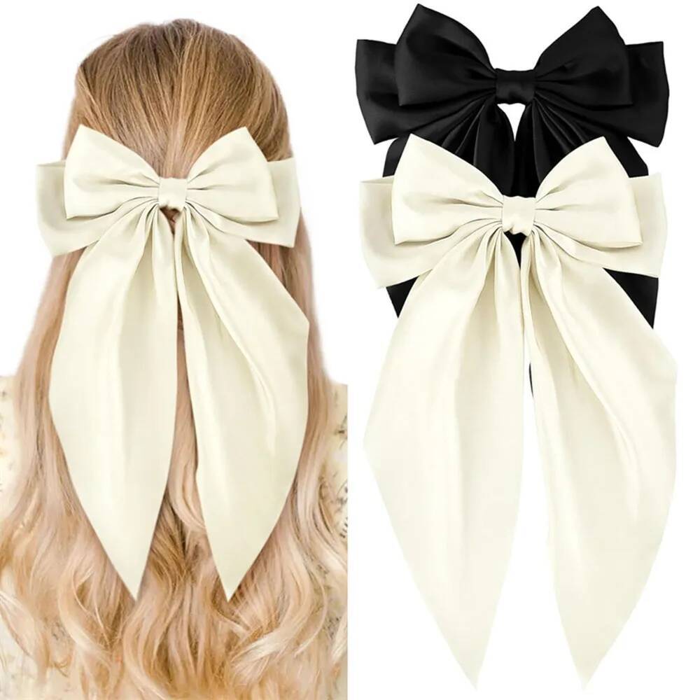 Ladies Satin Large White pink Red Blue Black Ribbon Oversized bow Long tail hair spring clip ponytail Hair accessorie ddmythur