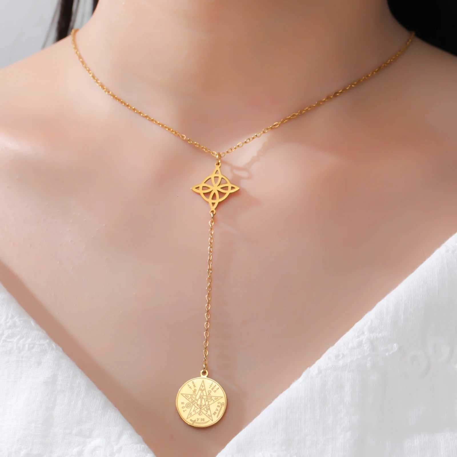 Skyrim Tetragrammaton Witch Knot Pendant Necklace Double Amulet Protection Stainless Steel Necklaces Pentagram Jewelry Gift M251211