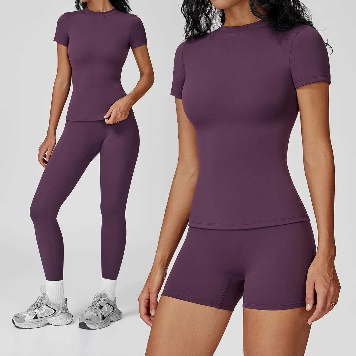New Yoga Set Two Piece Women Short Sleeve Top with High Waist Leggings Seamless Workout Clothes Patchwork Sport Fitness Gym SetsT251211