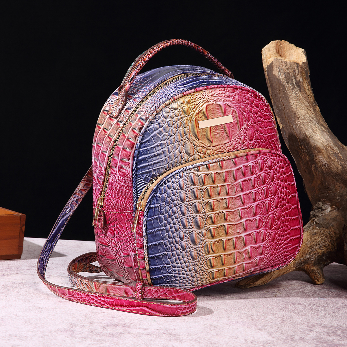 Luxury designer hand-held backpack women's bag retro bag multi-color crocodile pattern Brahmin European and American retro contrasting color crocodile pattern