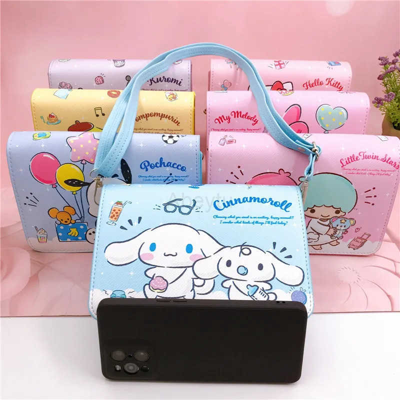 Sanrio Girls Purse Waterproof PU Leather Hello Kitty Kuromi Crossbody Shoulder Bag Square Travel Storage Message Case H251211