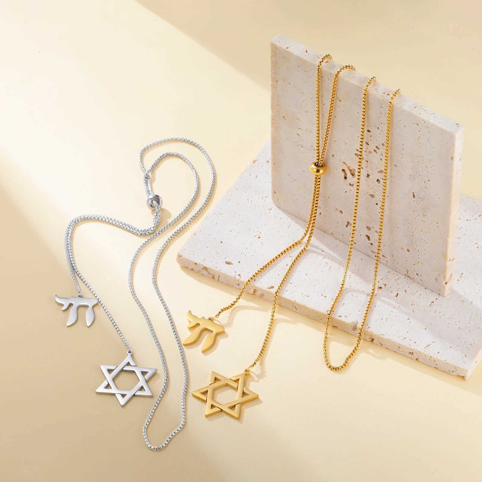 Teamer Hebrew Letter Star Of David Hexagram Choker Double Charms Necklace Stainless Steel Israel Judaism Jewelry Hanukkah Gift M251211