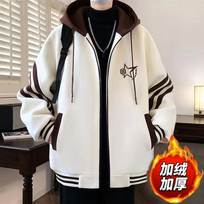 Teenager Men's Fleece-Lined Baseball Jacket: Loose Plus Size, Hooded Outerwear, Trendy Brand, Autumn/Winter Warm Coat