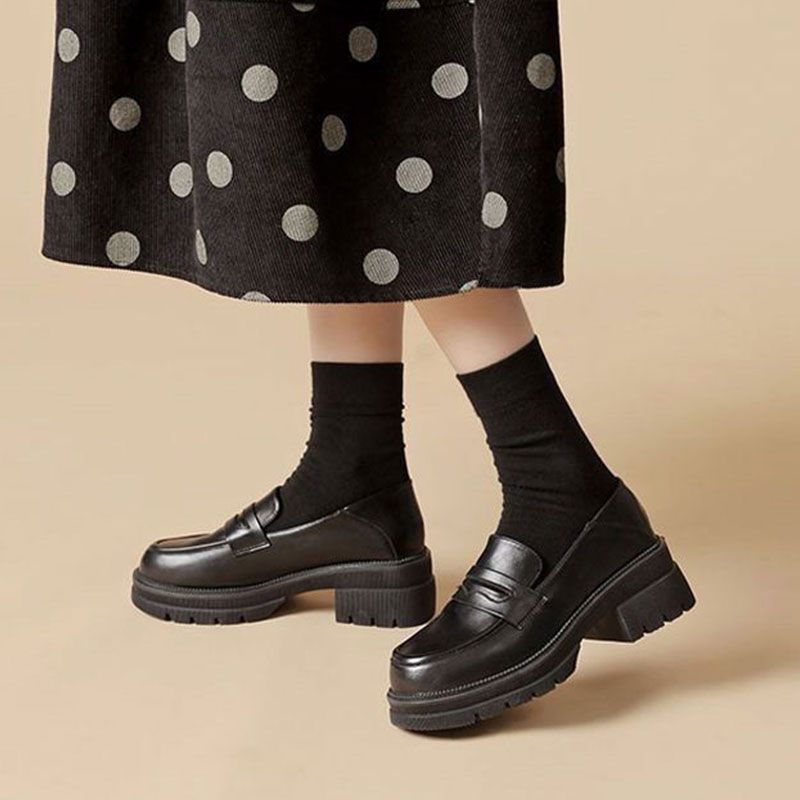 Spring/Autumn Women Shoes Split Leather Round Toe Chunky Heel Shoes Casual Slip-on Platform Shoes Women Loafers Black Pumps free shipping