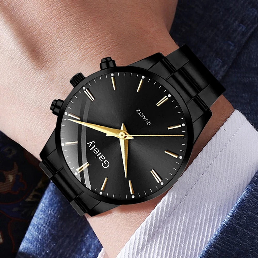 4PC Black Mens Minimalist Watch Set Business Trendy Lines Scale Round Dial Quartz Watch Bracelet Necklace Ring Set Perfect Gift 251209