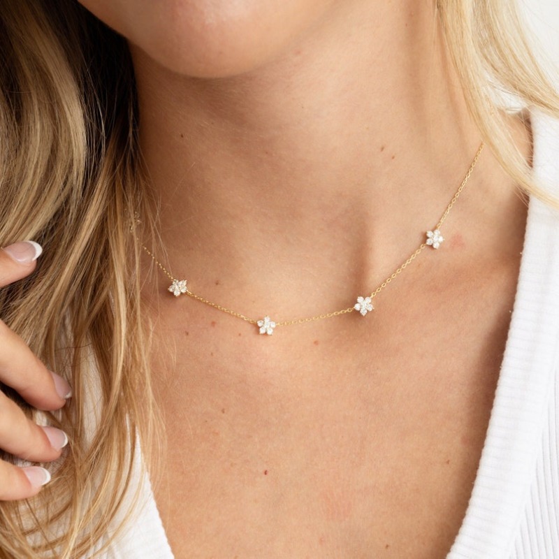 Jewellery Necklace Fine Jewellery Silver Plated Flower Daisy Dainty Layering Cubic Zirconia April Birthstone Minimalist Chain for Daily Wear and Birthday Gift