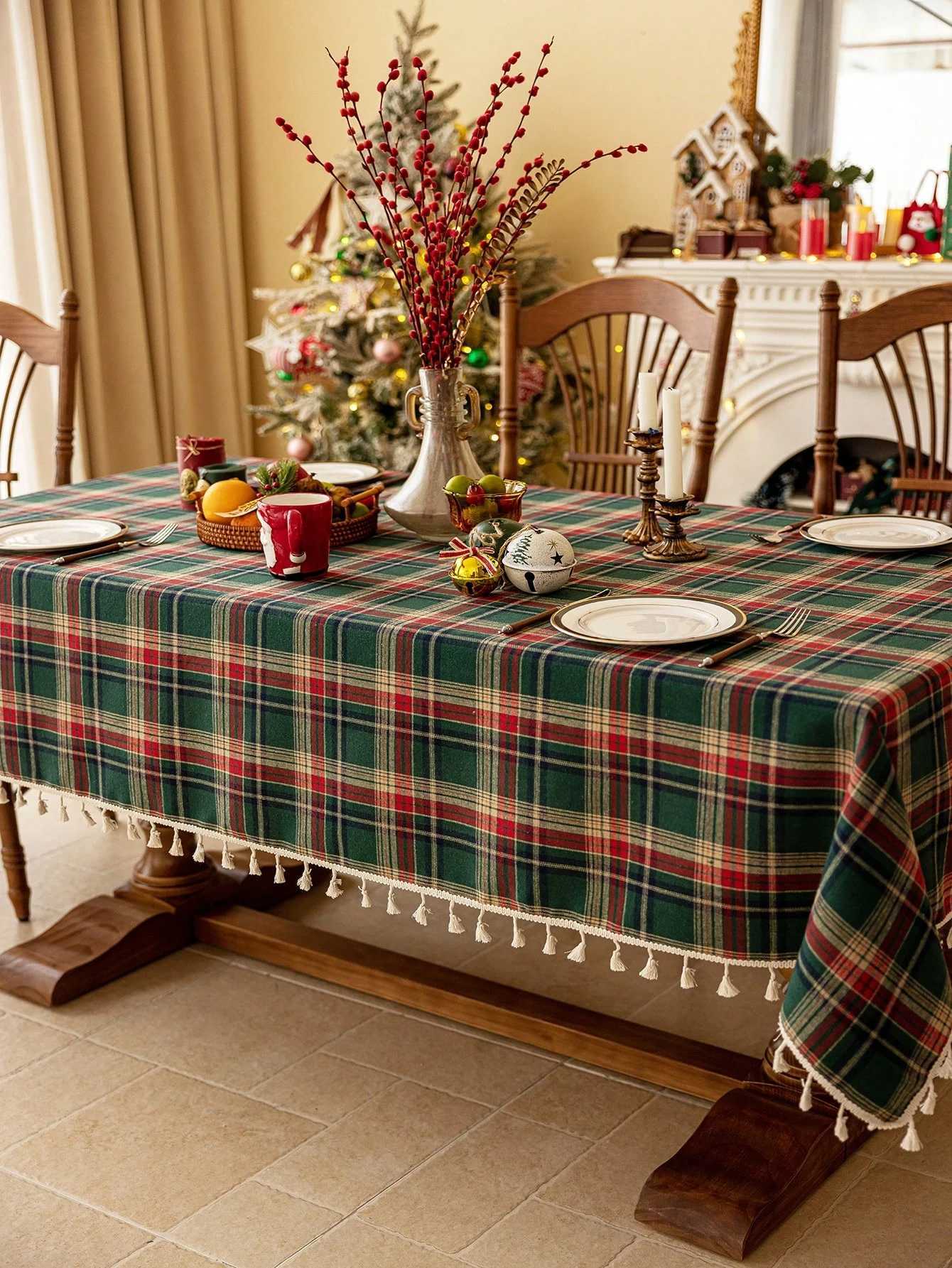 Christmas Plaid Tassel Plaid Tablecloth for Kitchen Wedding Banquet Holiday Dining Table Decoration Tablecloth H251211