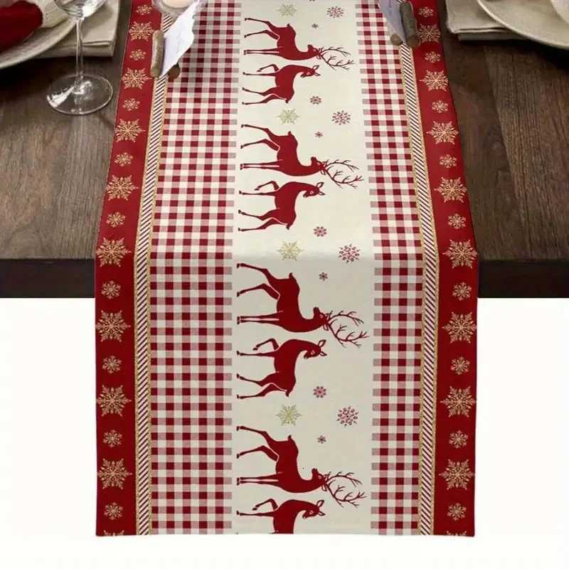 Christmas Table Runner Red Reindeer Snowflake Plaid Pattern ic Holiday Decor for Kitchen Dining Room Party H251211