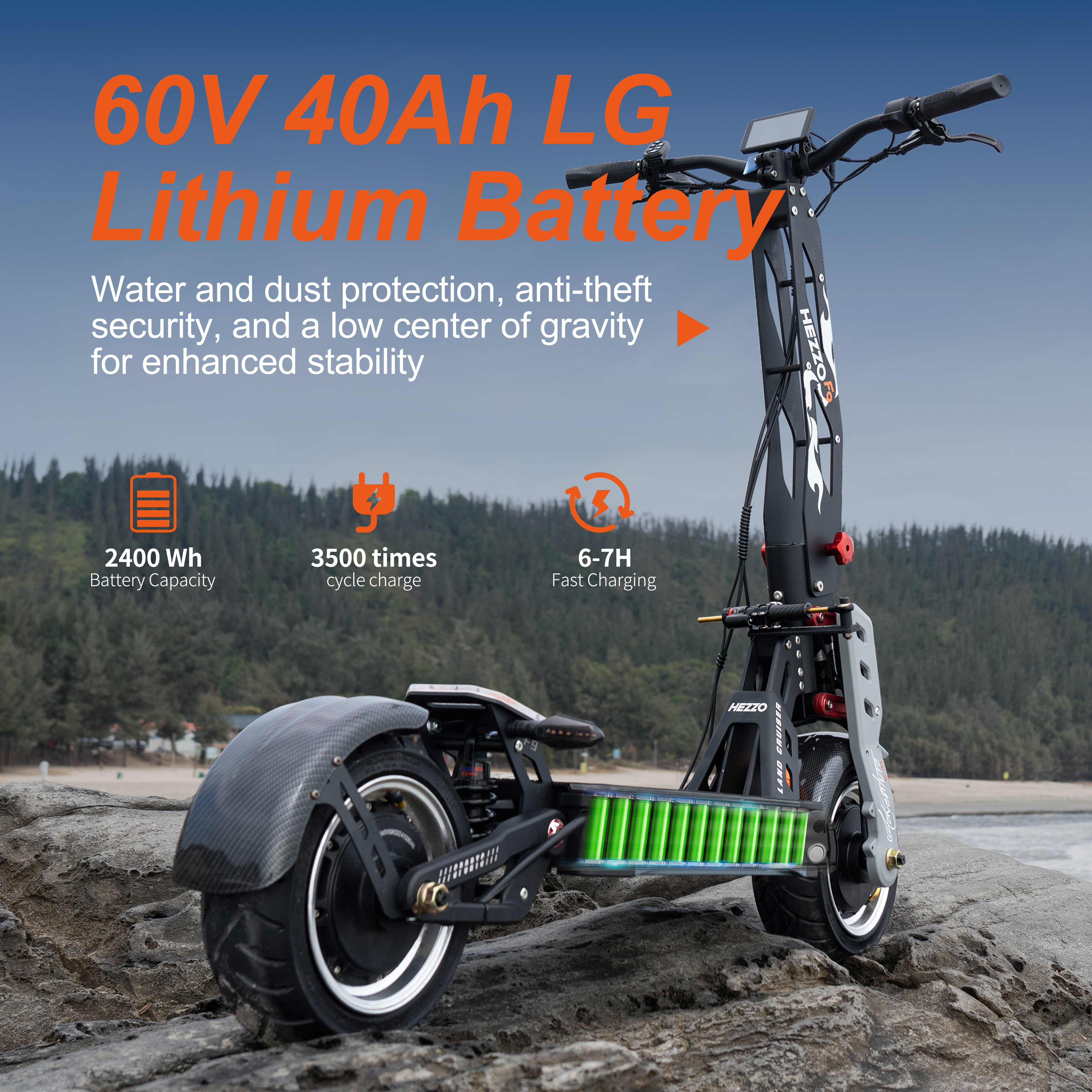 HEZZO F9 Escooter 60V 8000W Dual Motors 53Mph 12Inch Offroad Electric Scooter 40Ah 21700 Foldable Powerful Electric Kick Scooter With Steering Damper