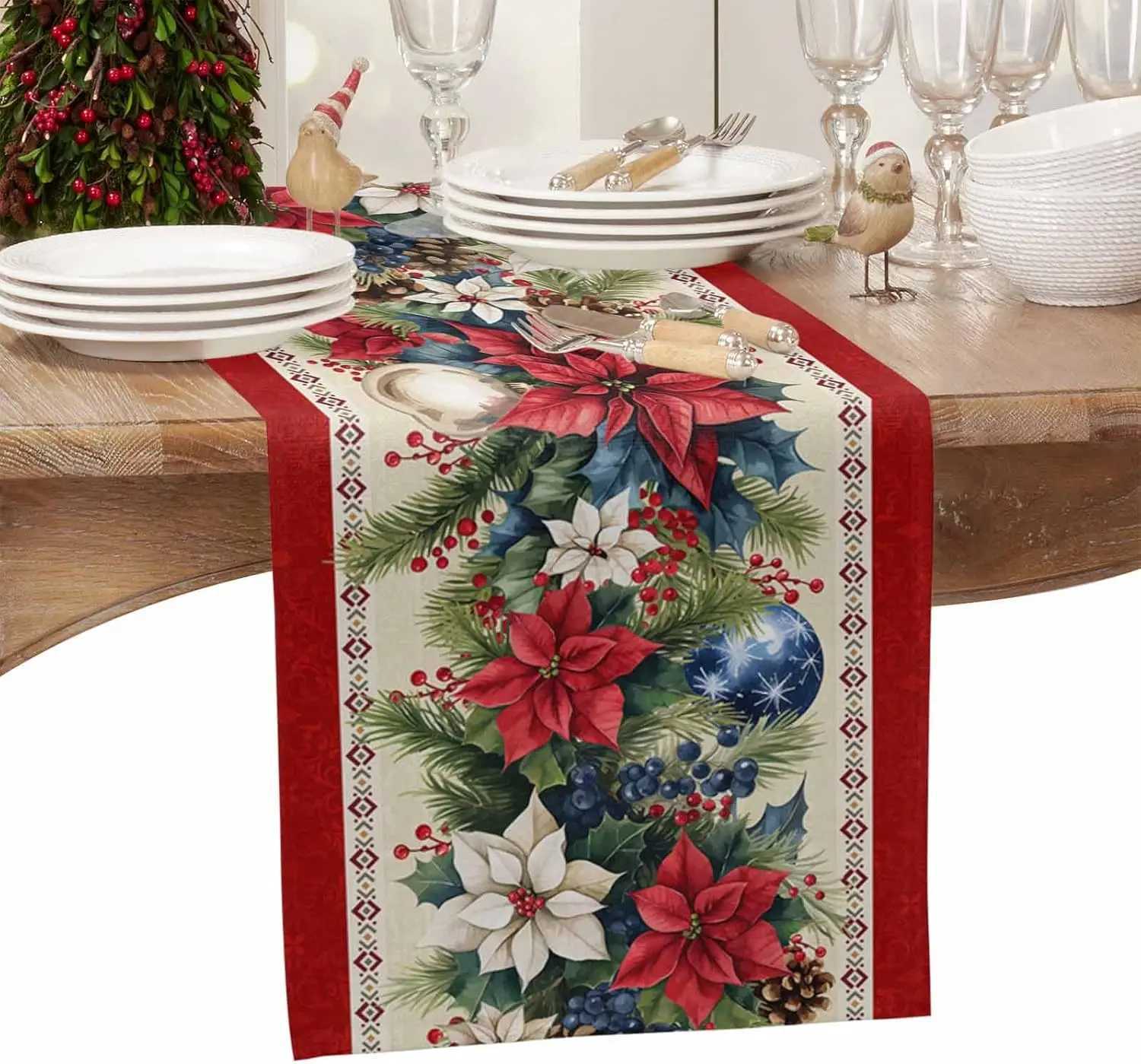 Christmas Poinsettia Flower Blue Balls Linen Table Runner Party Decor Winter Xmas Botanical Table Runners Christmas Decorations H251211