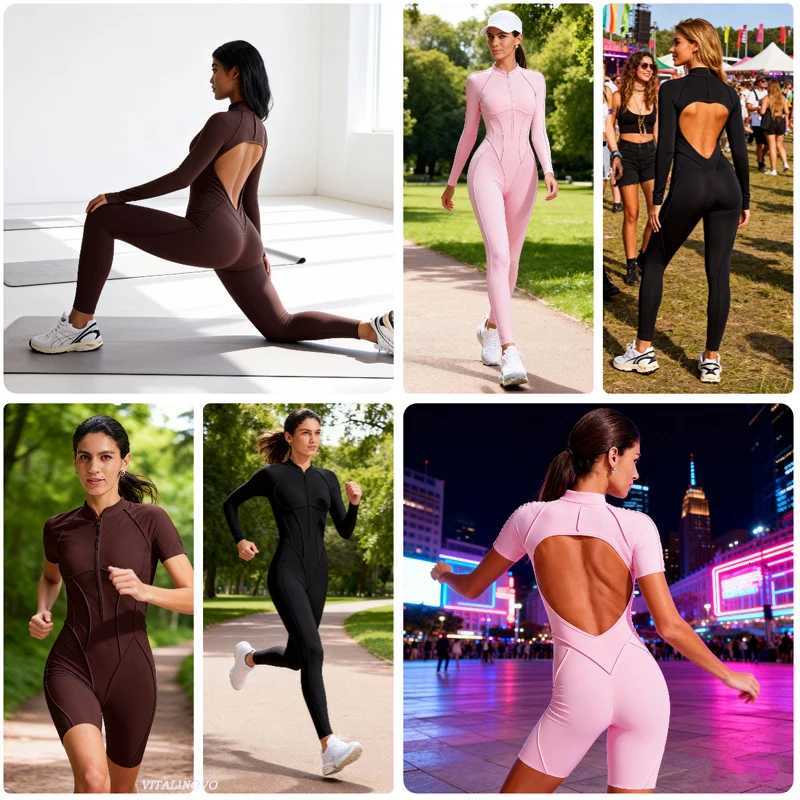 VITALINOVO Women Long Sleeve Workout Jumpsuit Zip Up Romper Bottom Pants Built-in Bra Bodysuit Bodycon Sexy One Piece ColorblockT251211