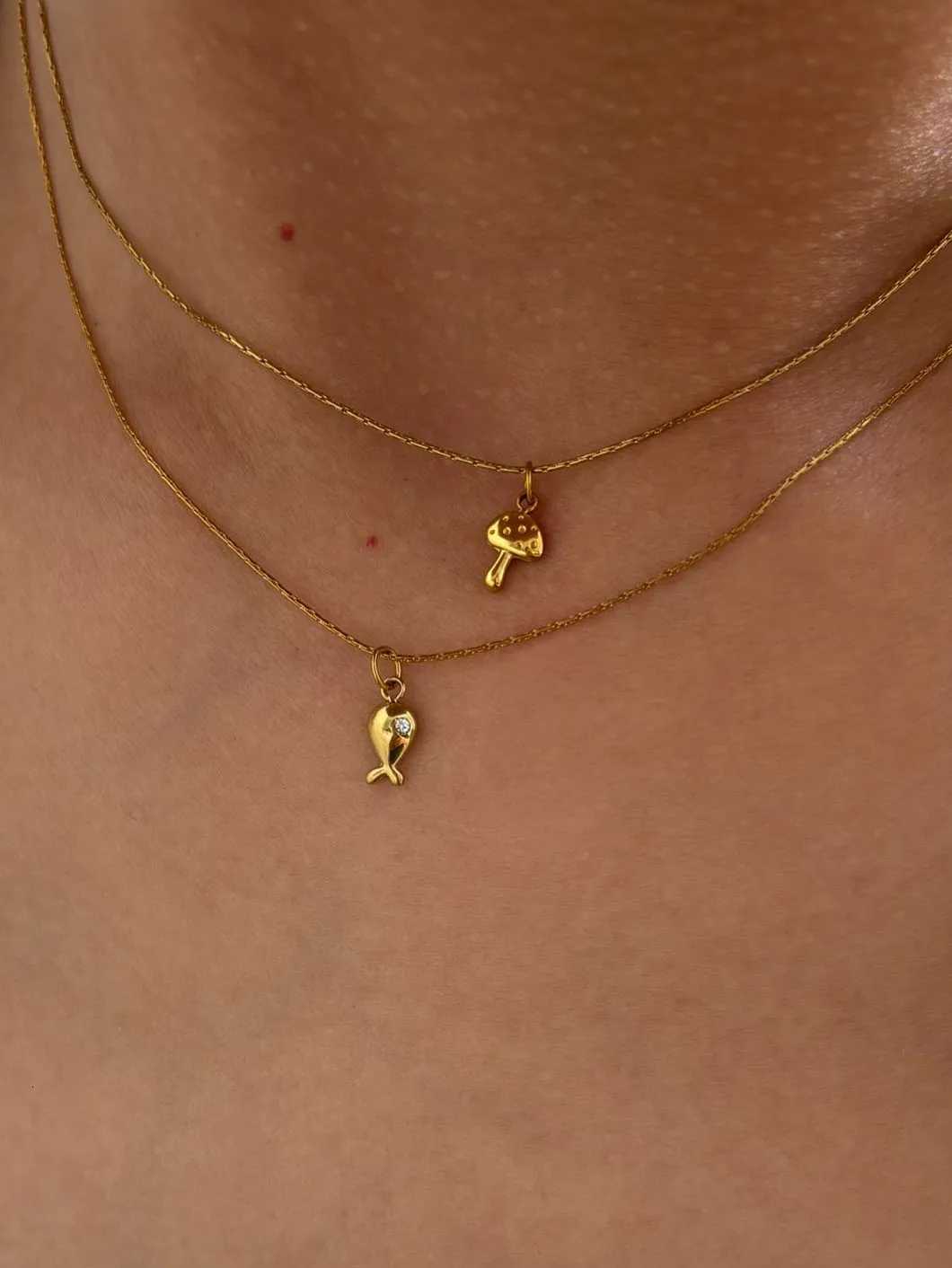 GHIDBK Minimalist 18K Gold Plated Mushroom Small Whale Pendant Necklaces Dainty Fashion Stainless Steel Daily Jewelry for Women M251211