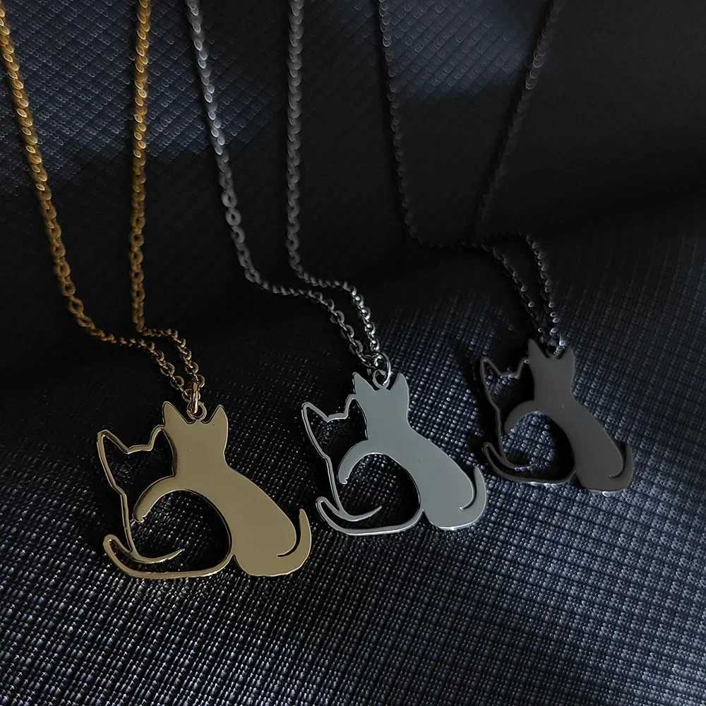 Double Cat Pattern Pendant Necklaces for Women Cute Couple Gold Choker Fine Animal Stainless Steel Jewelry Valentines Day Gifts M251211