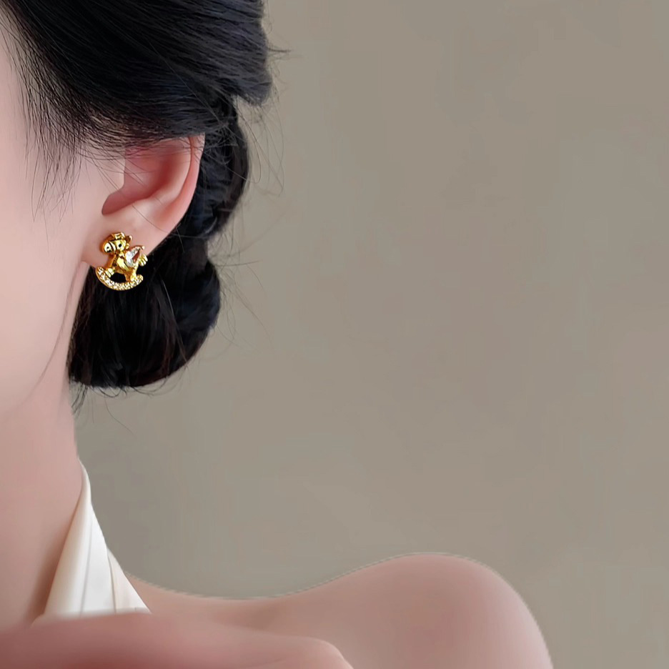 Real Gold Plated Silver Needle Zircon Pony New Chinese Style Niche Zodiac Year Light Luxury High-end Earrings for Women