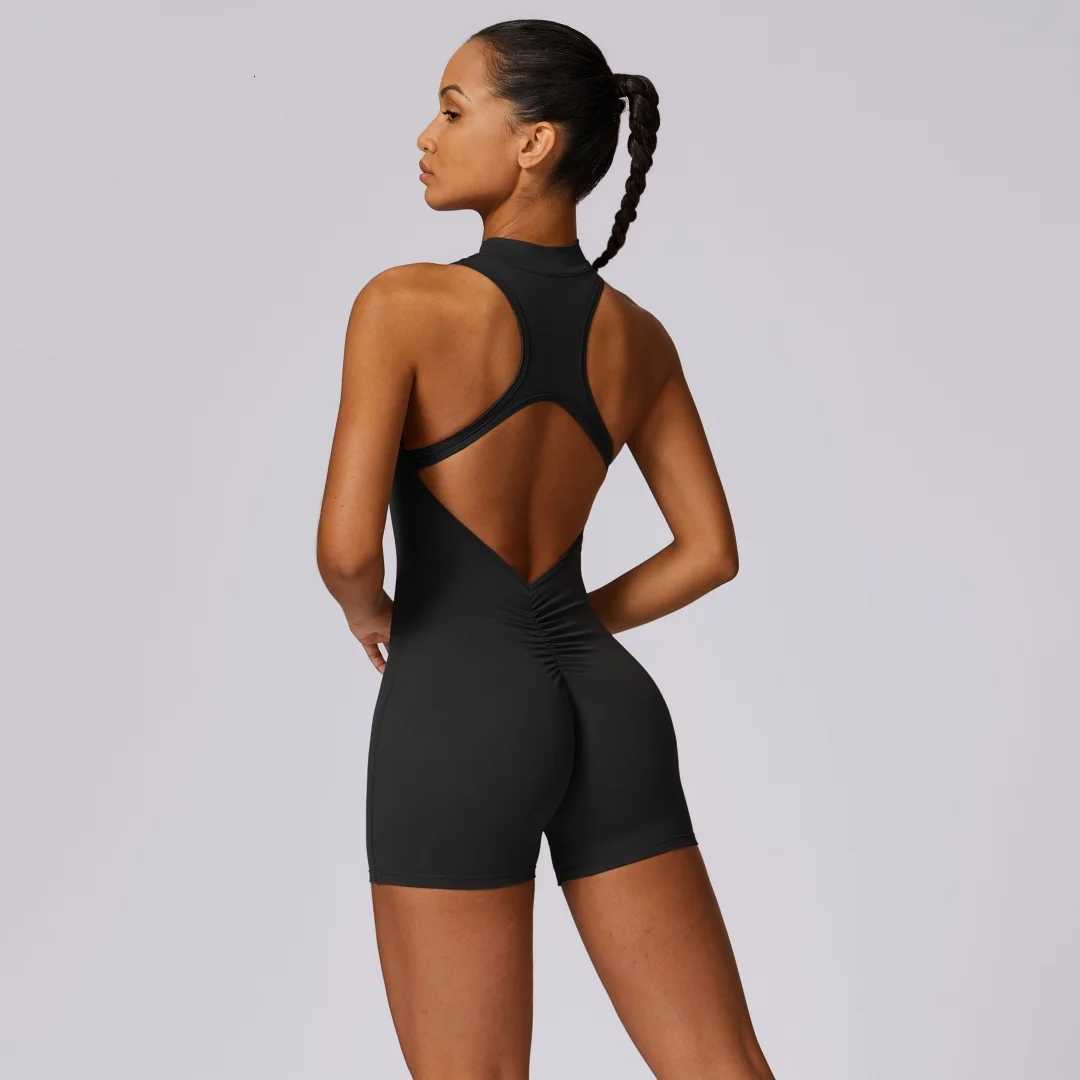 Solid Soft Backless Back Waist Scrunch Yoga Jumpsuit Short Set Women Zipper Sportswear Fitness One Piece Sports Suit WorkoutT251211