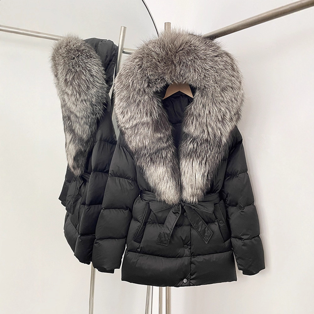 Winter Style Goose Down Jacket with Extra Large Real Fox Fur Collar Thickened MidLength Warm WaistCinching Down Jacket 250911