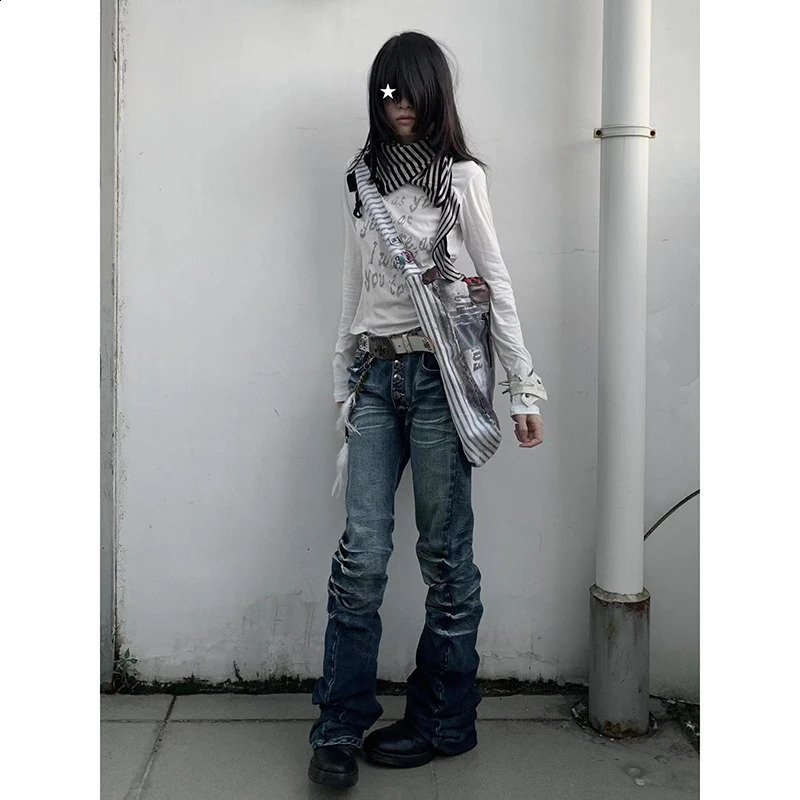 Washed Distressed Micro-flared for Women Stylish High Street Straight Jeans Harajuku Style Hip Hop Y2k Blue Trousers Z260313