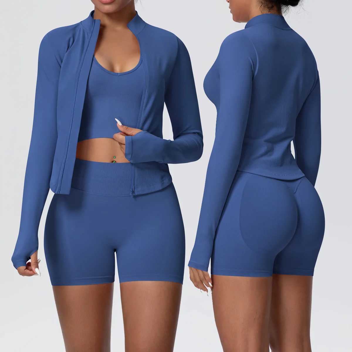 Yoga Set 3PCS Women Workout Sets Sportswear Gym Clothing Fitness Long Sleeve High Waist Shorts Leggings Sports Suits Yoga SuitT251211