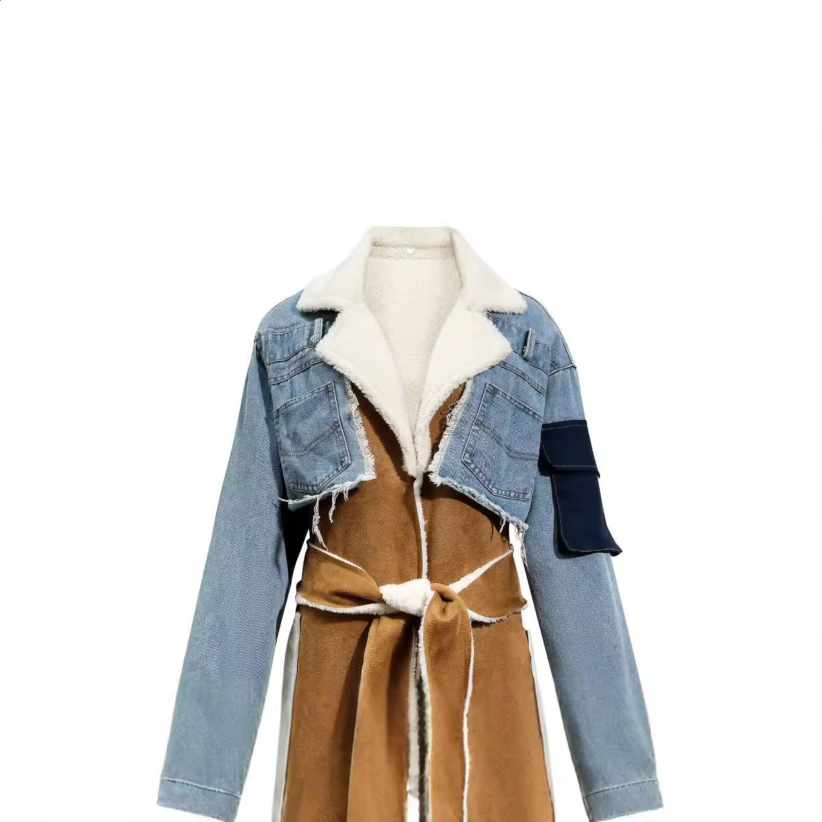 Winter Womens Jackets Turn-down Collar Temperament Patchwork Denim Long Sleeve Overcoat Woolen Coat Female 7C222 240927