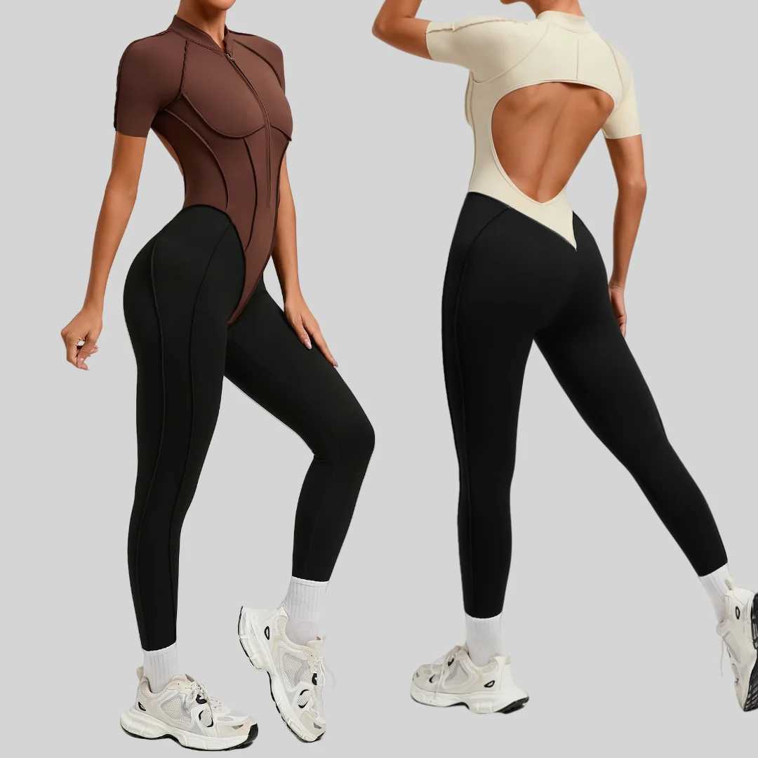 Tight Peach Hip Yoga Jumpsuit Color Block Backless Removable Padding One-Piece Running Workout Clothes Gym Leggings BodysuitsT251211