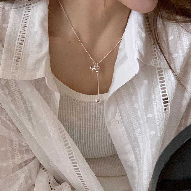 VENTFILLE 925 Sterling Silver Bowknot Necklace For Women Heart Tassels Bead Choker Adjustable Jewelry Dropshipping M251211