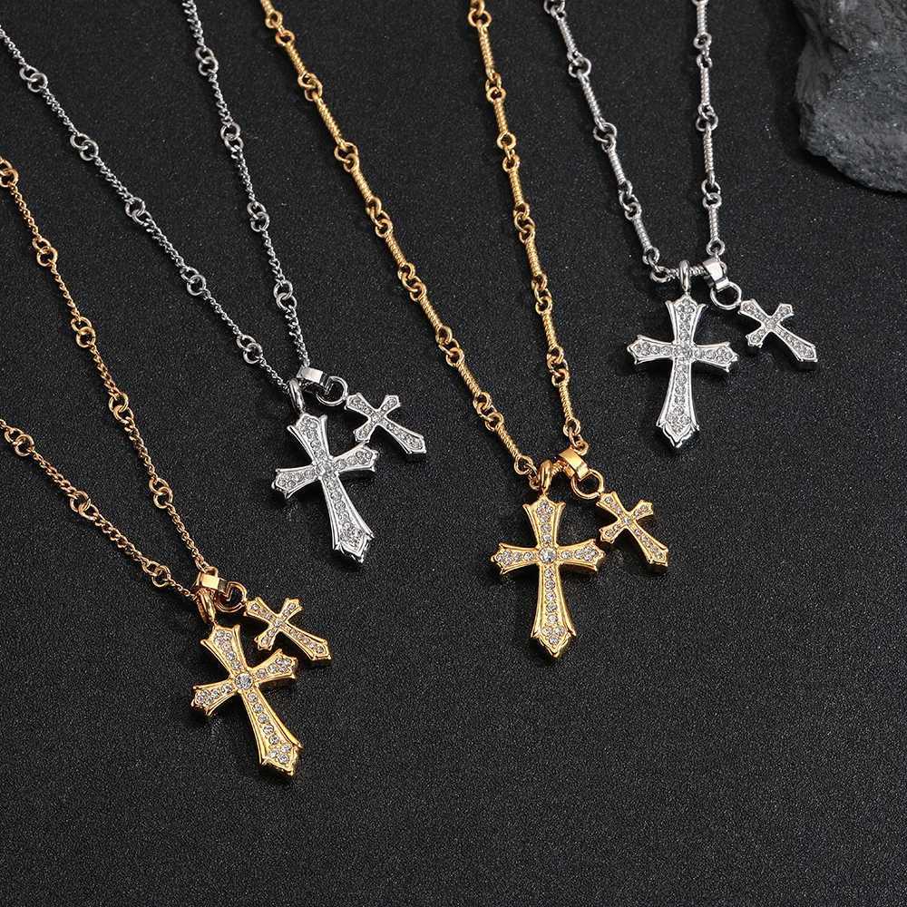 Hip Hop Cross Necklace for Men BoysStainless Steel AAA CZ Stone Double Cross PendantBirthday Anniversary Party Gift M251211
