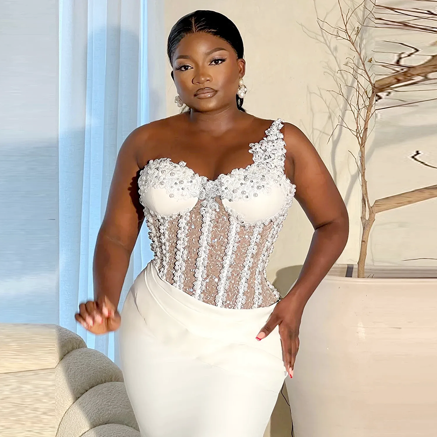 Aso Ebi White Women Formal Evening Dress 2026 Sheer O-neck Pearls Beads Satin Mermaid Prom Birthday Party Gowns African Robe De Soriee BC1204