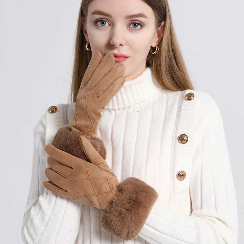 Fashion Elegant Lattice Suede Touch Screen Keep Warm Winter Women Gloves Plush Wrist Windproof Outdoor Cycling Drive Soft Y251211